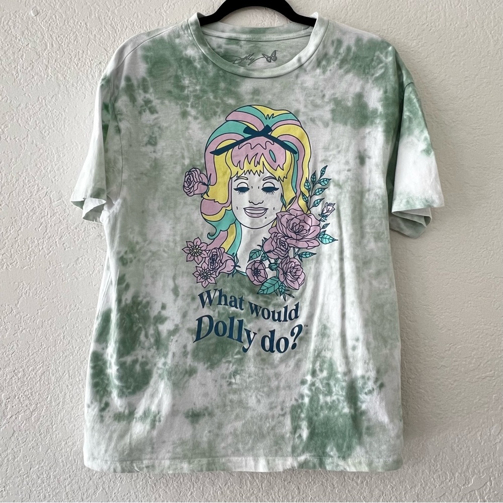Dollywood Green Tie Dye WWDD Cartoon Graphic Print T Shirt‎ -  Women’s Size XS